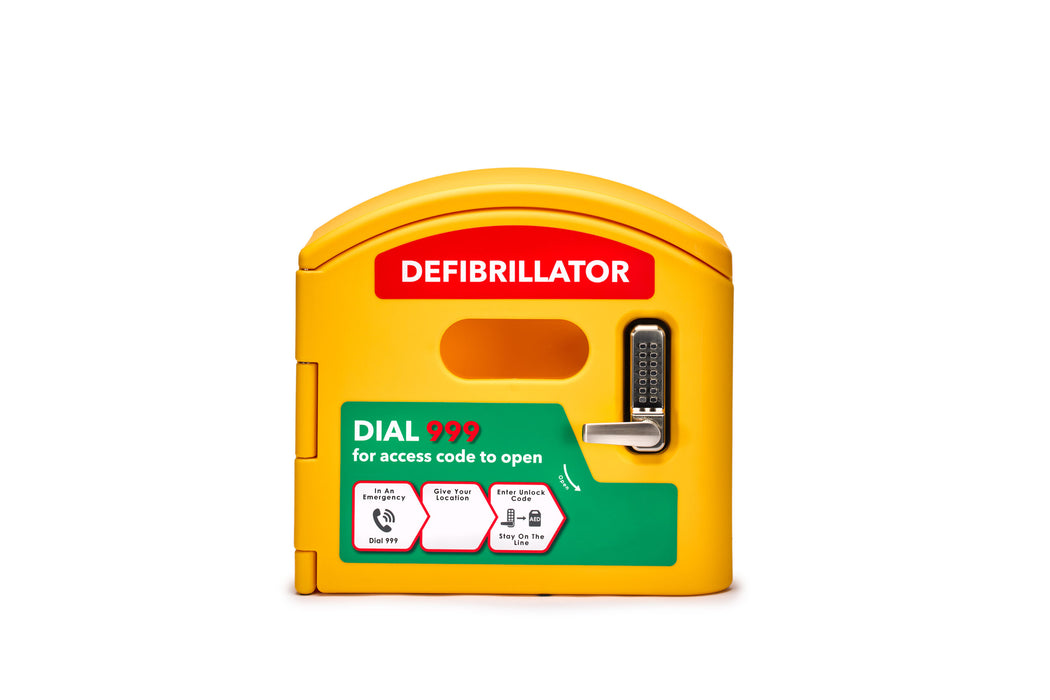 Defibcaddy Outdoor Heated External Defibrillator Cabinet Locked in Yellow