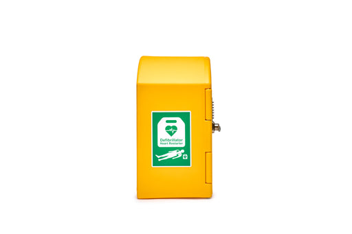 Defibcaddy Outdoor Heated External Defibrillator Cabinet Locked in Yellow