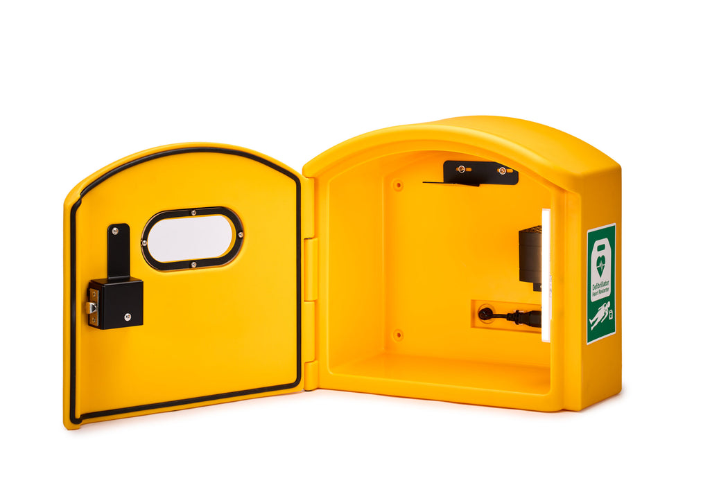 Defibcaddy Outdoor Heated External Defibrillator Cabinet Locked in Yellow