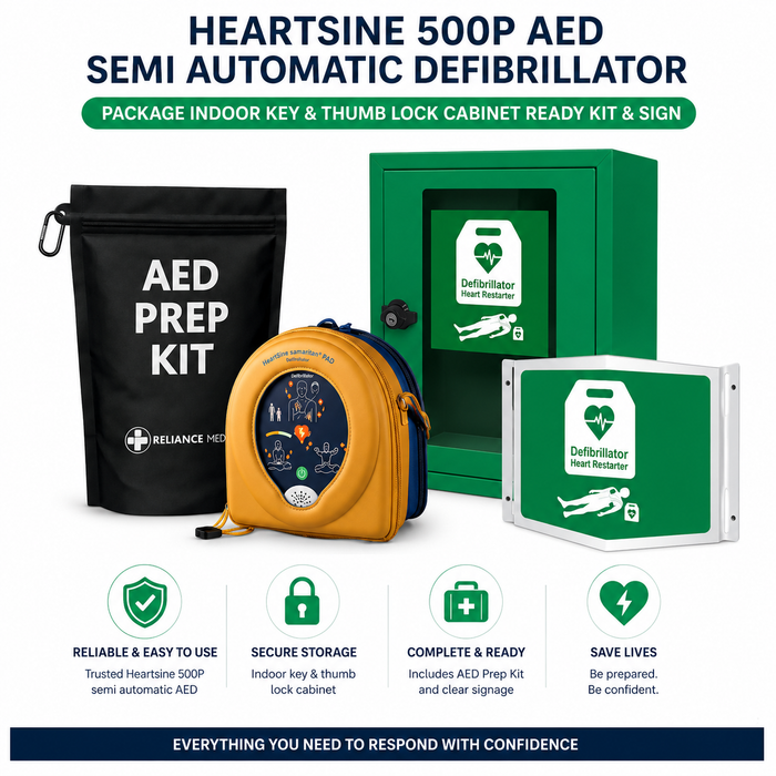 Bundle Heartsine 500P AED Semi Automatic Defibrillator Package Indoor Key & Thumb Lock Cabinet Ready Kit & Sign
