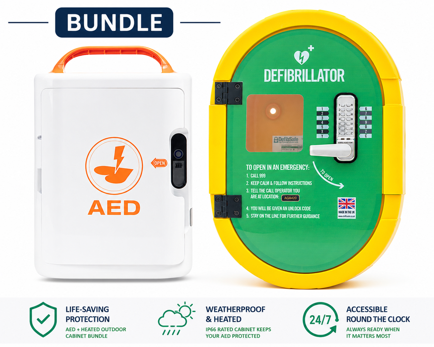 Defibrillator Bundle Mindray A16 Core Semi Automatic AED Defibsafe 2 Locked Cabinet External Semi Automatic