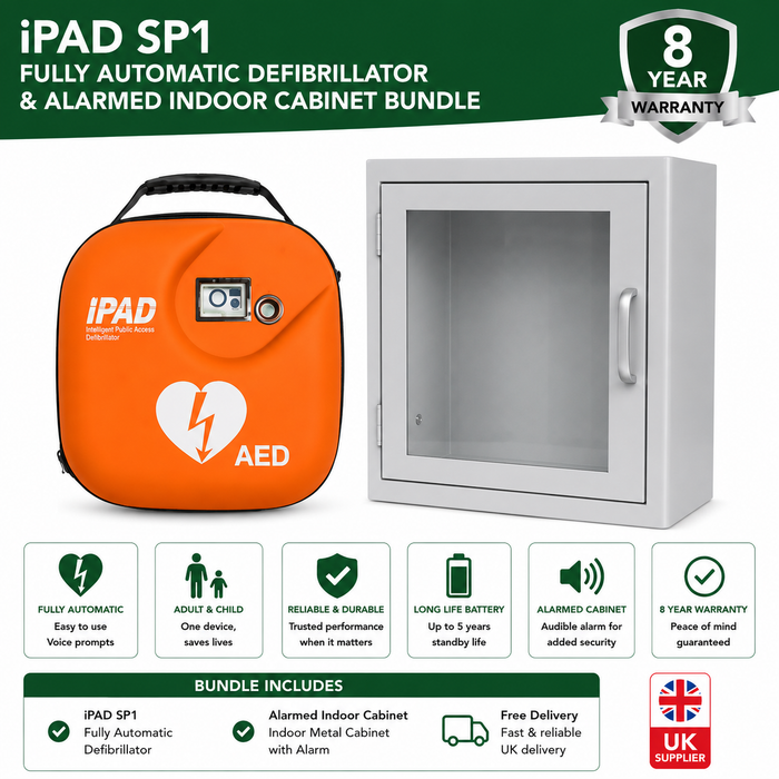 iPAD SP1 Fully Automatic Defibrillator & Alarmed Indoor Cabinet Bundle