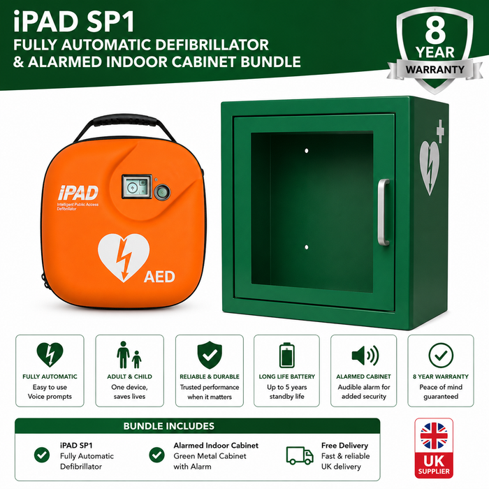 iPAD SP1 Fully Automatic Defibrillator & Alarmed Indoor Green Cabinet Bundle