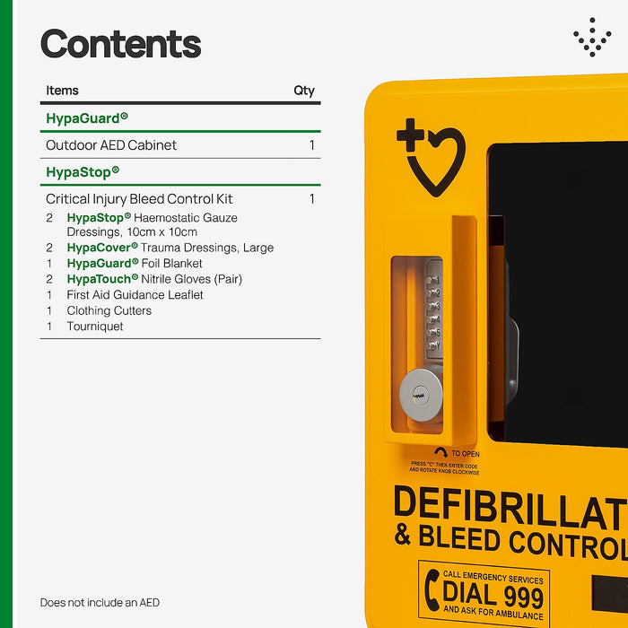 HypaGuard Outdoor AED Cabinet with HypaStop Bleed Control Kit | Lockable, Alarmed & Temperature-Controlled