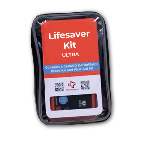 Lifesaver Kit Ultra containing a CellAED Defibrillator, Bleed Kit and First Aid Kit