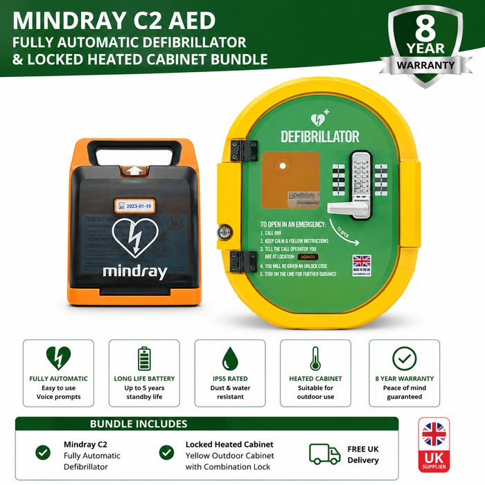 Mindray C2 AED Fully Automatic Defibrillator with External Locked Heated Defibsafe 2 Cabinet Bundle