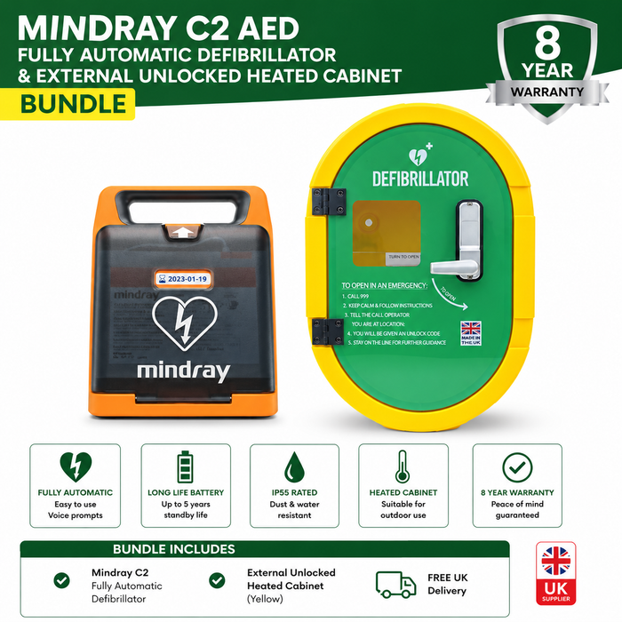 Mindray C2 AED Semi Automatic Defibrillator with External Unlocked Heated Defibsafe 2 Cabinet Bundle