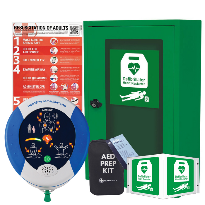 Bundle Heartsine 500P AED Semi Automatic Defibrillator Package Indoor Key & Thumb Lock Cabinet Ready Kit & Sign