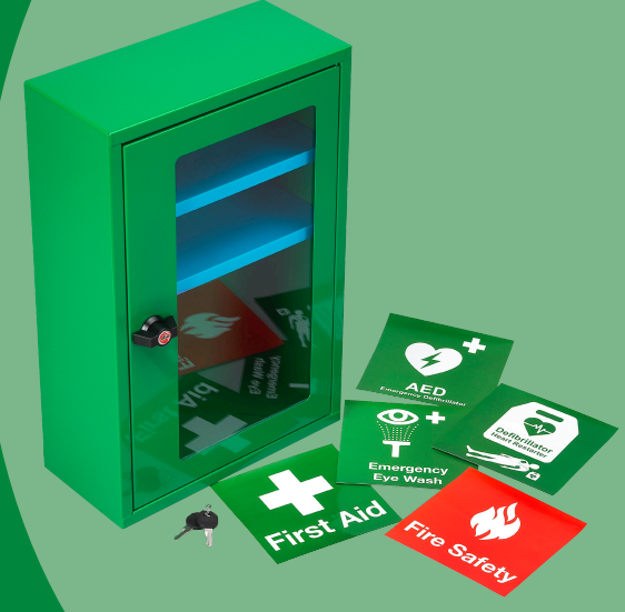 Green Indoor Defibrillator AED Wall Cabinet Thumb & Key Lock