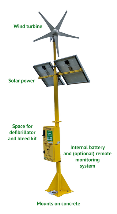 Solar & Wind Powered Defibrillator Cabinet with optional full remote monitoring