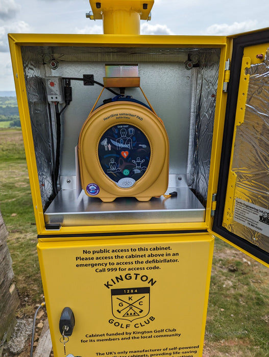 Solar and wind powered AED defibrillator cabinet housing a Heartsine defibrillator.