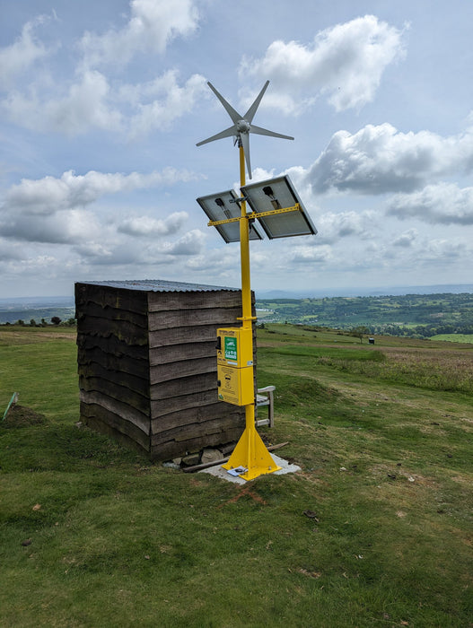 Solar and wind powered AED Defibrillator cabinet.